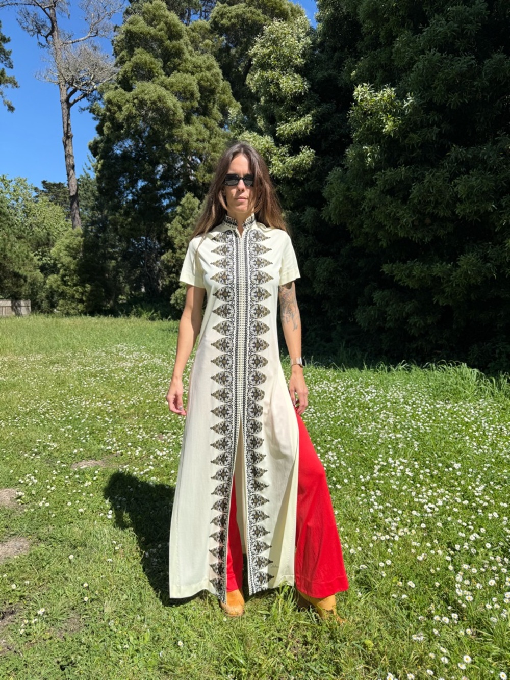 Boho Embroidered Maxi Dress - Cream with Black Trim